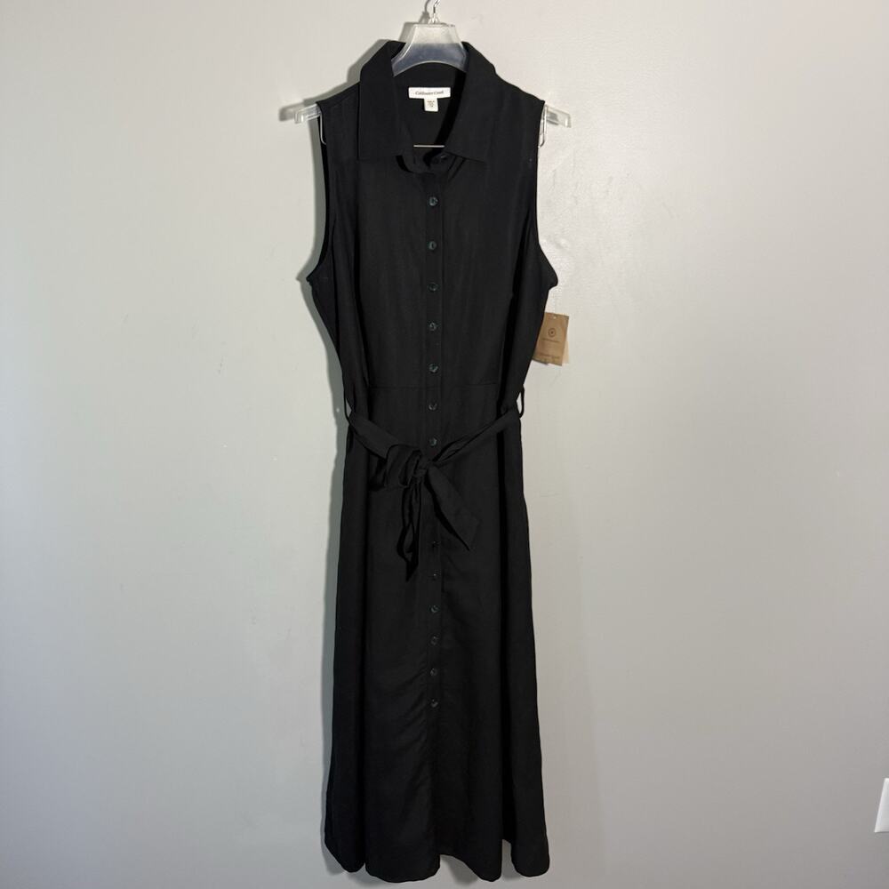 Coldwater Creek Black Linen Maxi Dress Button Front Collared Belt 14 A-line NEW - Picture 2 of 7